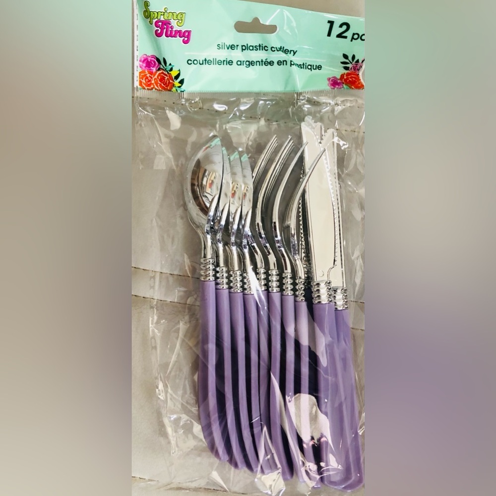 12piece light purple lilac‎ lavender and silver spring themed plastic cutlery